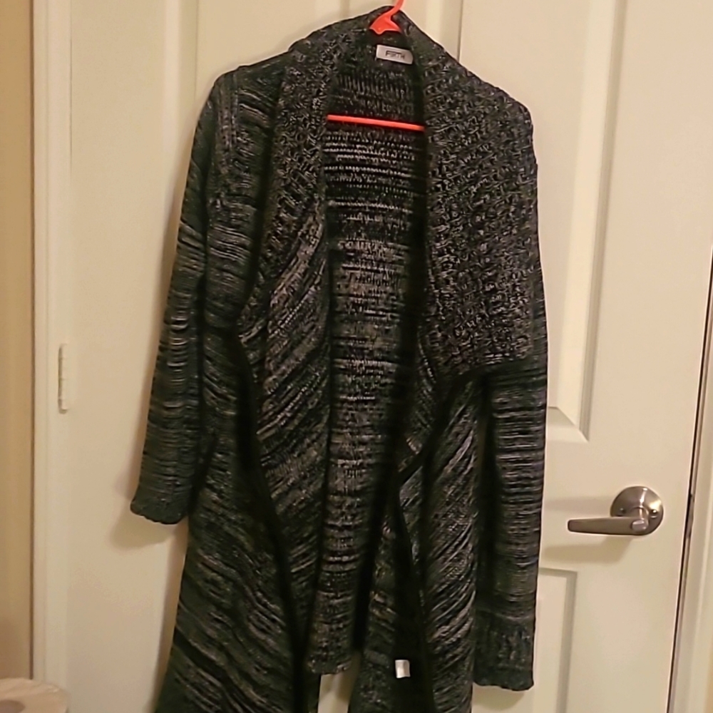 Firth Sweaters Firth Black And White Faux Leather Trim Sweater Coat